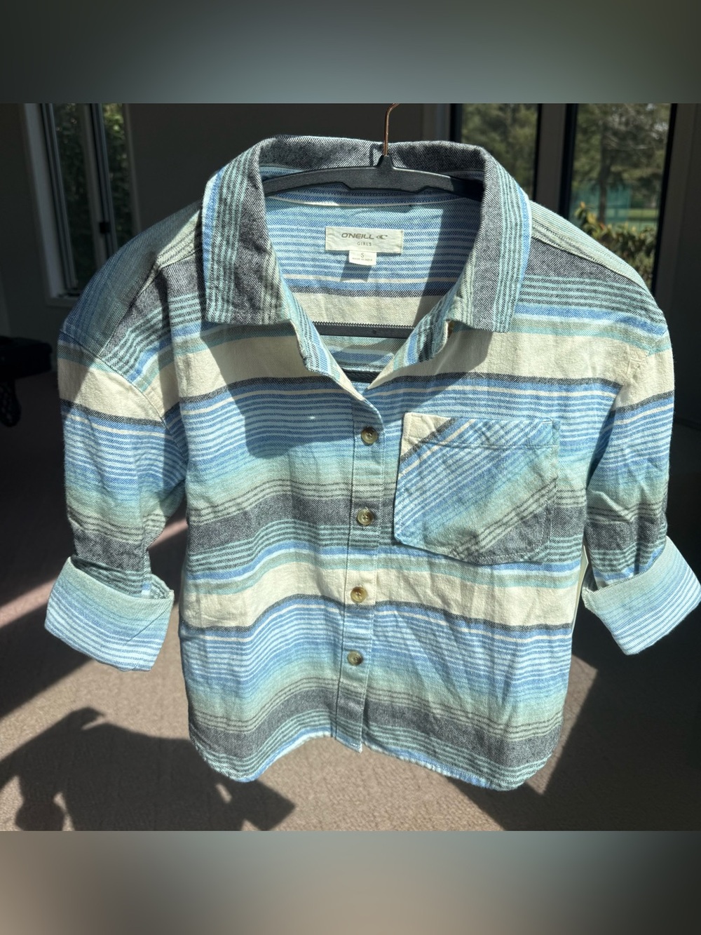 O'Neill Girls Light Blue, Gray and White Striped Button-Down Shirt